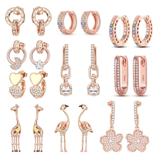 Rose Gold Series 925 Sterling Silver Flamingo Giraffe Star and Moon Flower Earrings ✨