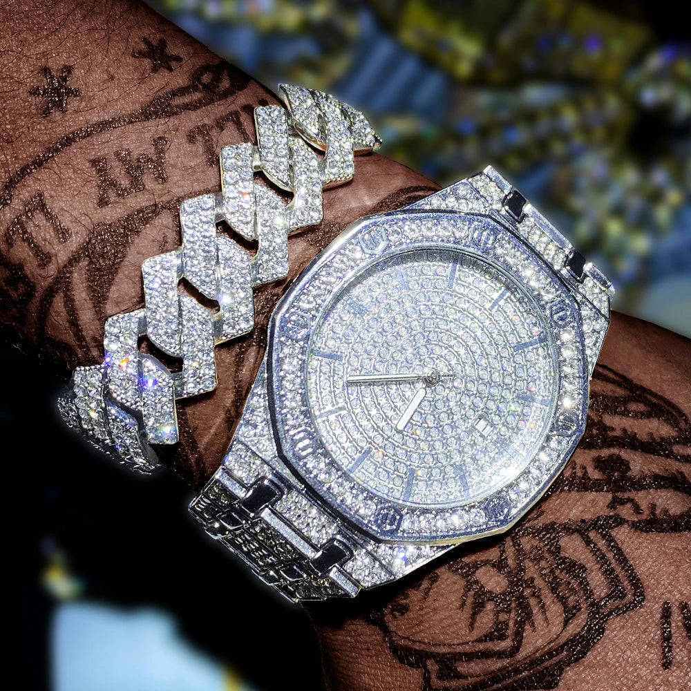 Diamond Watch 2 pieces set of With Bracelet Iced Out Golden Wrist Watches Luxury Brand 💎