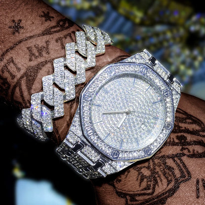 Diamond Watch 2 pieces set of With Bracelet Iced Out Golden Wrist Watches Luxury Brand 💎