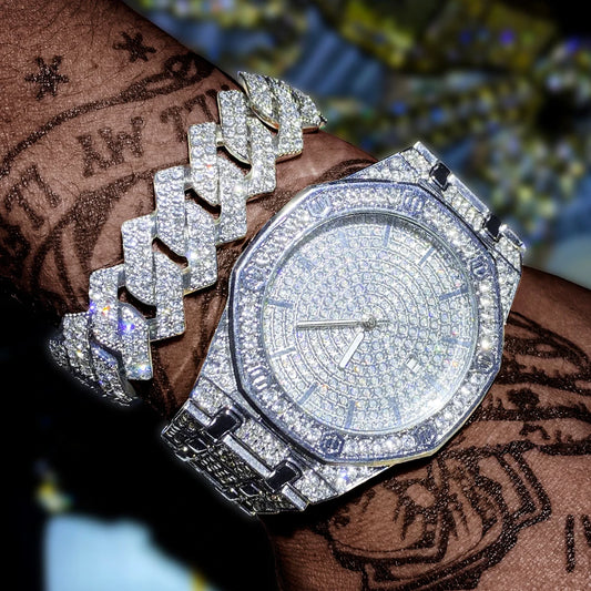 Diamond Watch 2 pieces set of With Bracelet Iced Out Golden Wrist Watches Luxury Brand 💎