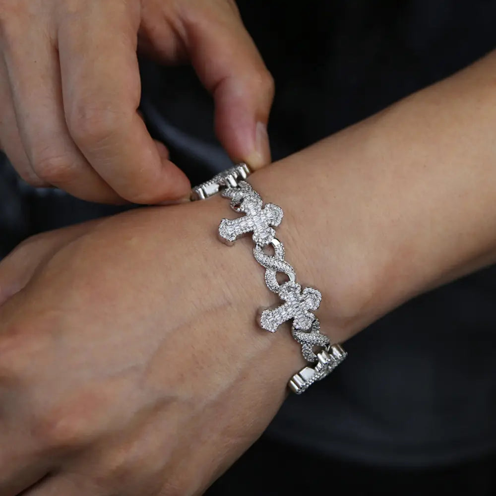 Iced Out Cross Infinity Charm Bracelet Micro Paved Cubic Zirconia Cuban Chain✨