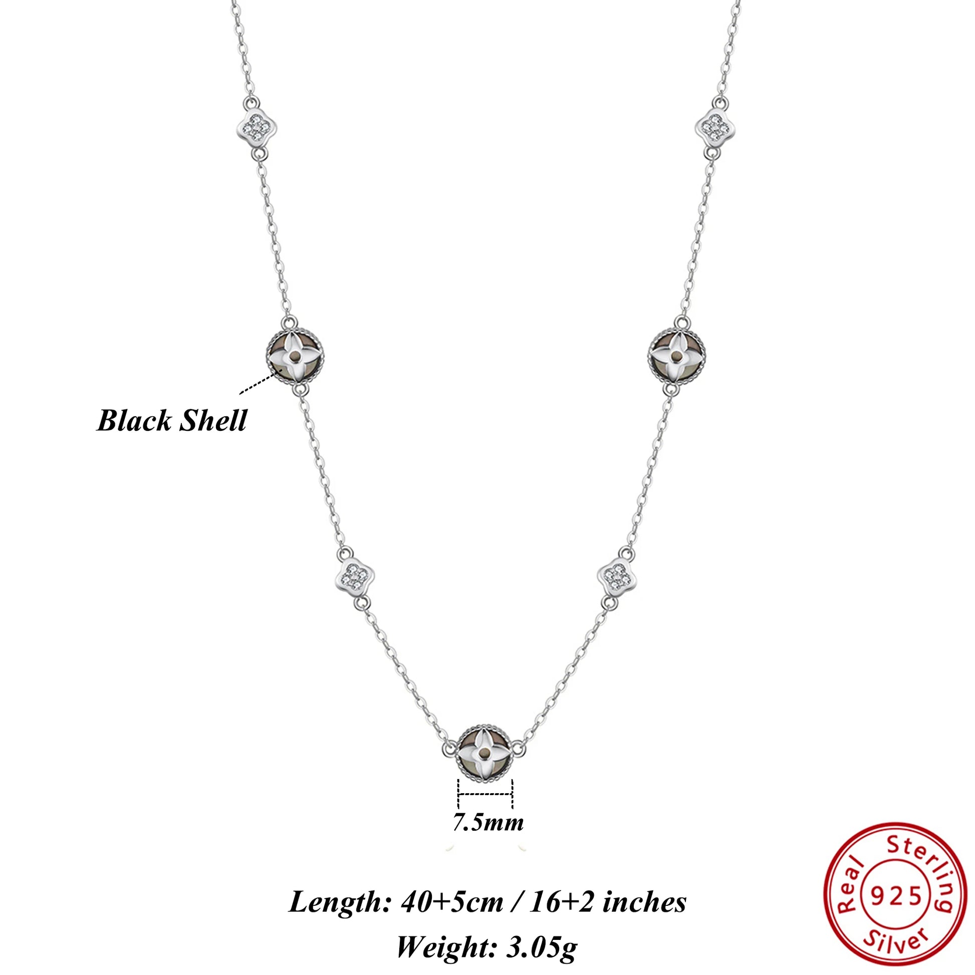 925 Sterling Silver 14K Gold Shell Pearl Choker Necklace with Green Malachite Ornament Four Leaf Clover Style GMN62