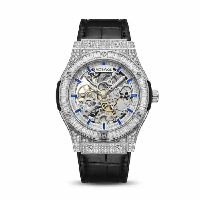 Automatic Luxury Skeleton Mechanical Watch Movement Diamonds Leather Strap ⌚️
