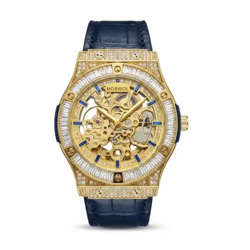 Automatic Luxury Skeleton Mechanical Watch Movement Diamonds Leather Strap ⌚️