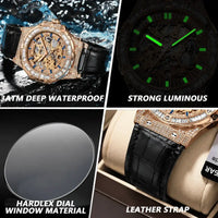 Automatic Luxury Skeleton Mechanical Watch Movement Diamonds Leather Strap ⌚️