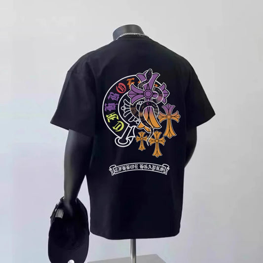 Summer New Trendy Brand Light Luxury Kro Cross Printed Cotton Short-Sleeved T-Shirt Men'S and Women'S Loose Half-Sleeved Top