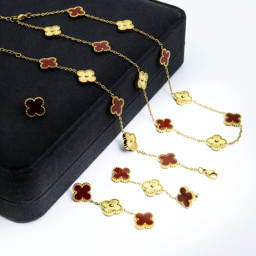 4 Pieces of Fresh and Exquisite Four-Leaf Clover Jewelry Sets, Including a Lucky Four-Leaf Clover Flower Necklace, Earrings, And