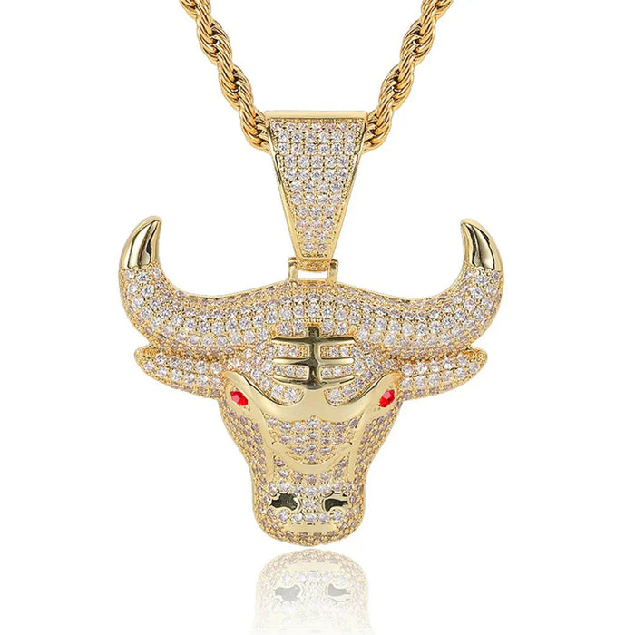 Bull Head Pendant Necklace For Men Hiphop Iced Out Bling Micro ✨