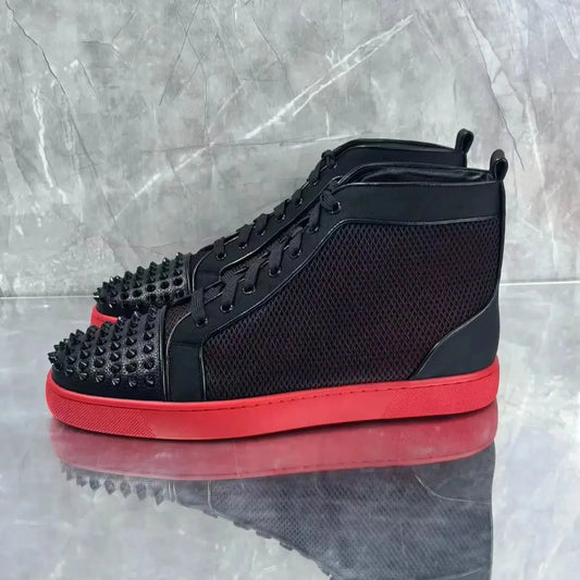 Black Full Rivets Mesh Casual Sports Shoes Men Lace-Up High-Top Sneakers Male Flat Red Sole Fashion Designer Style Zapatillas DE