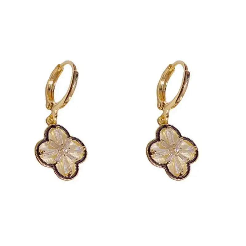 Cute Elegant Gold-Plated Copper Zircon Four-Leaf Clover Dangle Earrings ✨