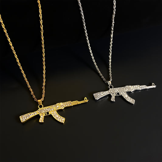Men's Hip-Hop Style Alloy Necklace Diamond-Encrusted Strike Gun Pendant ✨