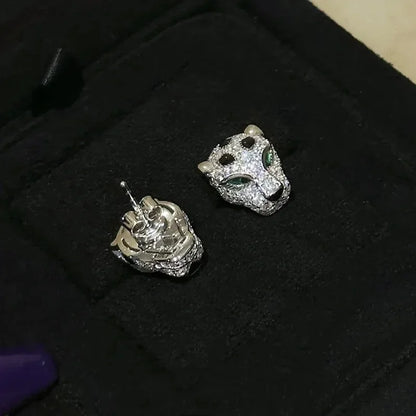 925 Sterling Silver with Carbon Stone Panther Leopard Head Black Enamel Stud Earrings Luxury Designer Jewelry for Women or Men