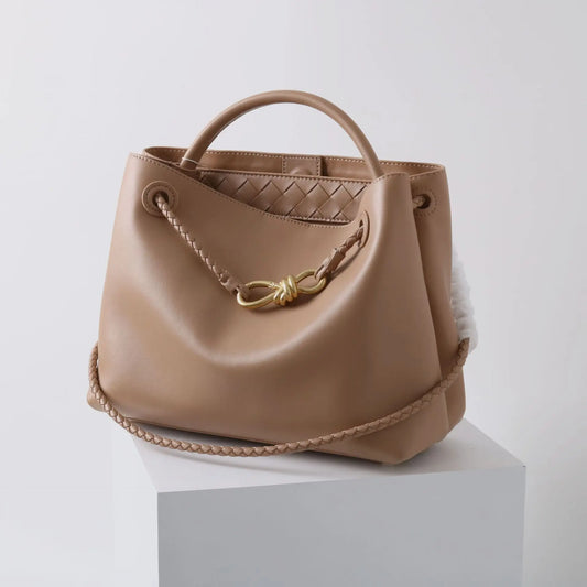 2025 New Full Leather Fashion Metal Rope Buckle Handbag High Quality Cowhide Leather Portable Shoulder Bag Woven Versatile