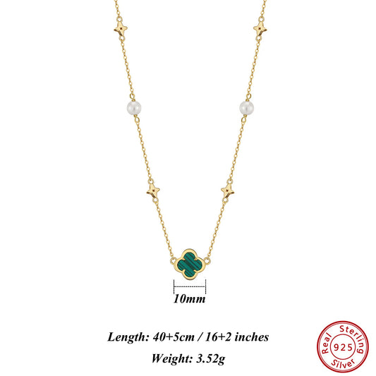 925 Sterling Silver 14K Gold Shell Pearl Choker Necklace with Green Malachite Ornament Four Leaf Clover Style GMN62