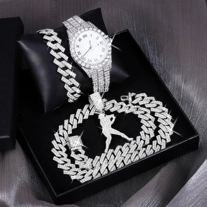 Diamond Baseball Star Shape Pendant With Necklace Bracelet Exquisite Watch 💎