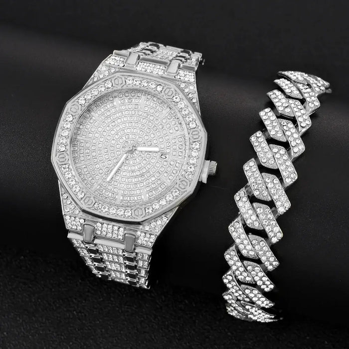 Diamond Watch 2 pieces set of With Bracelet Iced Out Golden Wrist Watches Luxury Brand 💎