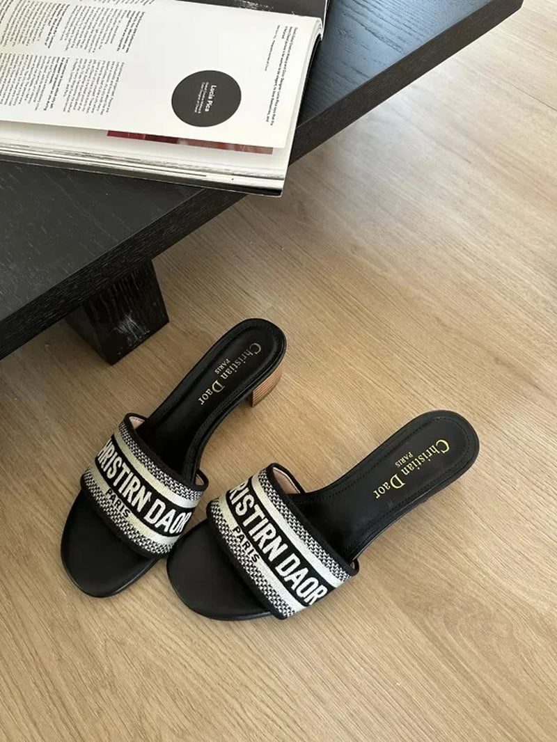 2024 Spring Summer New Women'S Embroidery Letter Slippers One-Row round Head Thick Heel Middle Heel Slip-On Outer Wear