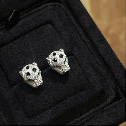 925 Sterling Silver with Carbon Stone Panther Leopard Head Black Enamel Stud Earrings Luxury Designer Jewelry for Women or Men