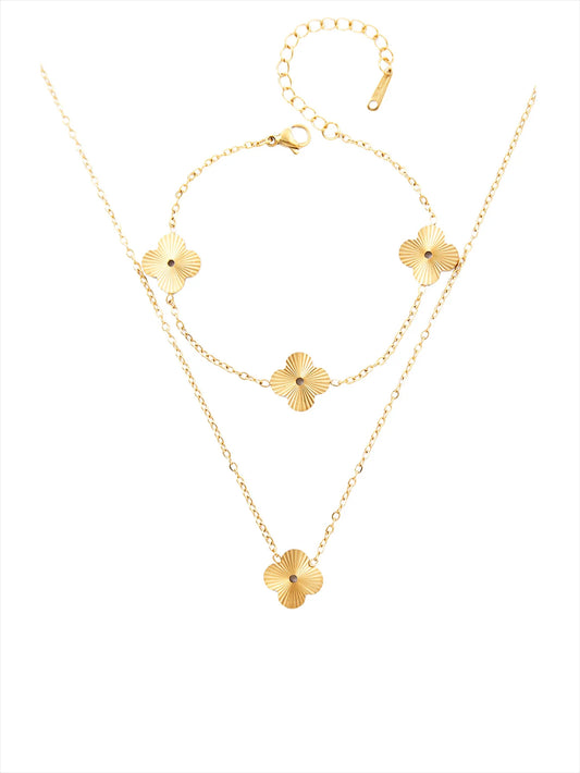 Elegant Light Luxury Charm Retro Old Money Style Stainless Steel 18K Gold Plated Four-Leaf Clover, Flowers Jewelry Set for Women