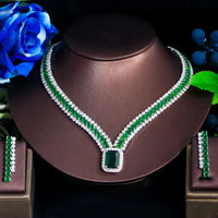 Elegant Green Cubic Zirconia Big Geometric Square CZ Necklace and Earrings Luxury SET 💎