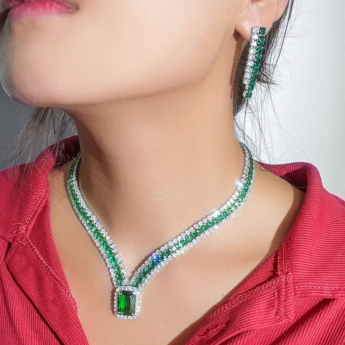 Elegant Green Cubic Zirconia Big Geometric Square CZ Necklace and Earrings Luxury SET 💎