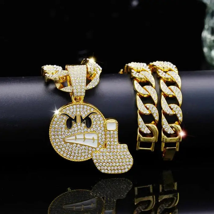 Emoji Angry Vertical Middle Finger Emoji Pendant with Zircon Necklace 😠