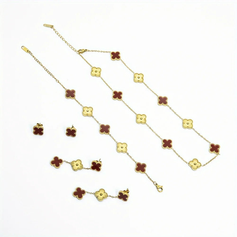 4 Pieces of Fresh and Exquisite Four-Leaf Clover Jewelry Sets, Including a Lucky Four-Leaf Clover Flower Necklace, Earrings, And