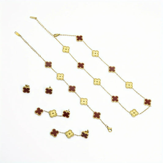 4 Pieces of Fresh and Exquisite Four-Leaf Clover Jewelry Sets, Including a Lucky Four-Leaf Clover Flower Necklace, Earrings, And