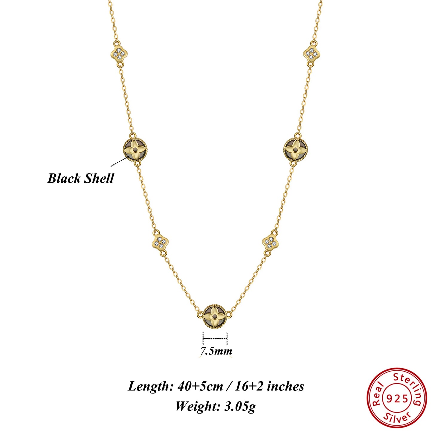 925 Sterling Silver 14K Gold Shell Pearl Choker Necklace with Green Malachite Ornament Four Leaf Clover Style GMN62