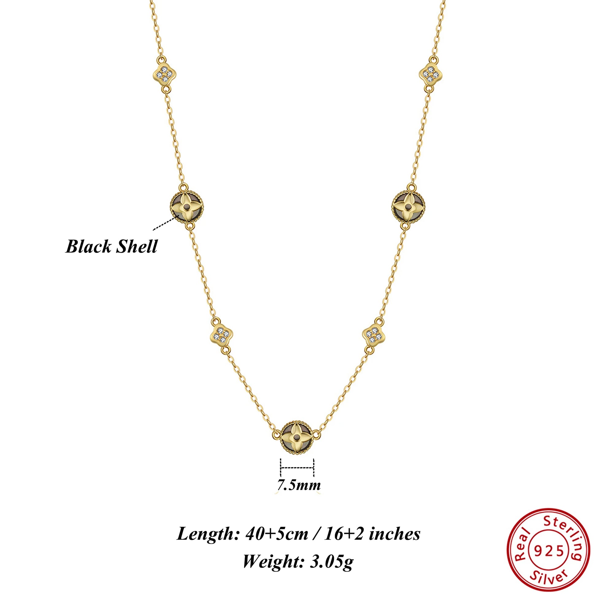 925 Sterling Silver 14K Gold Shell Pearl Choker Necklace with Green Malachite Ornament Four Leaf Clover Style GMN62