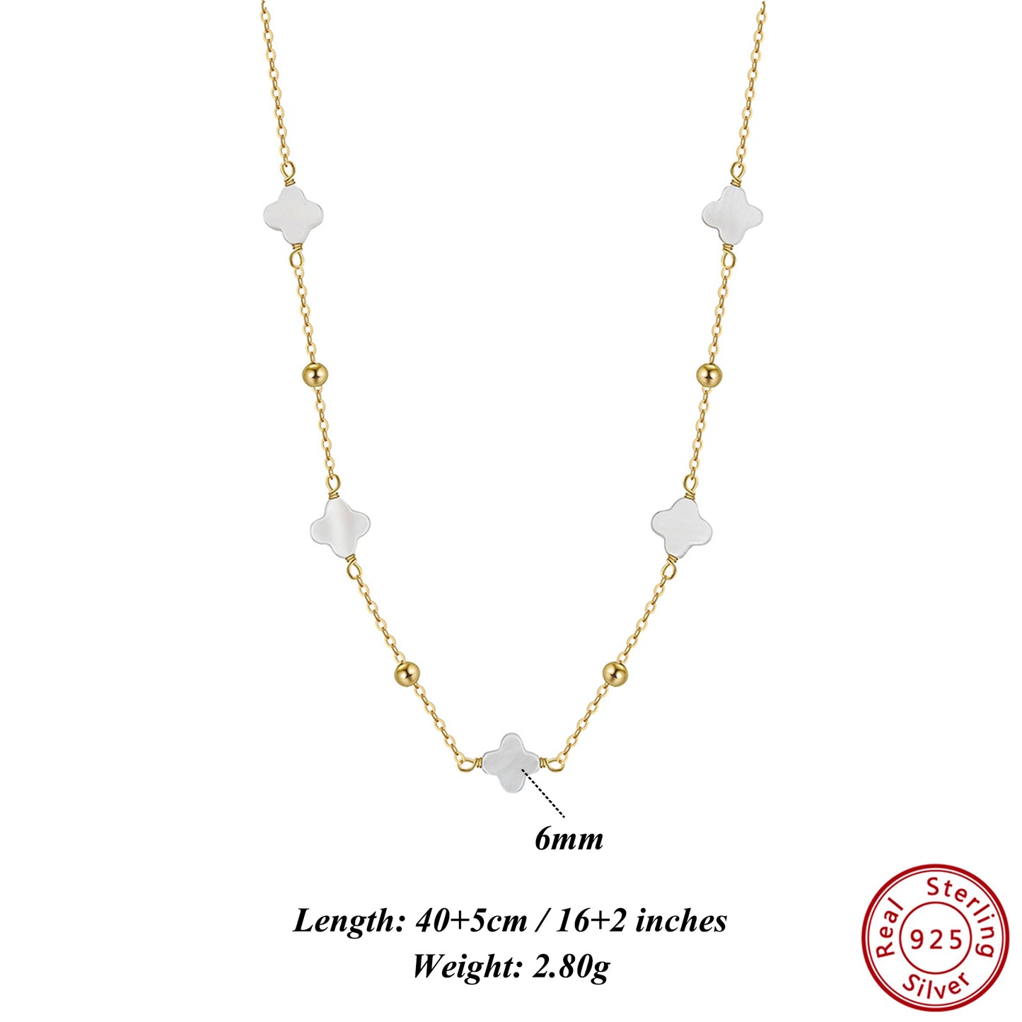 925 Sterling Silver 14K Gold Shell Pearl Choker Necklace with Green Malachite Ornament Four Leaf Clover Style GMN62