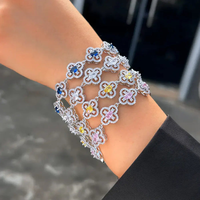 Four Leaf Flower Tennis Bracelets CWW Zircons Luxury Yellow Pink White Blue CZ Crystal  💎