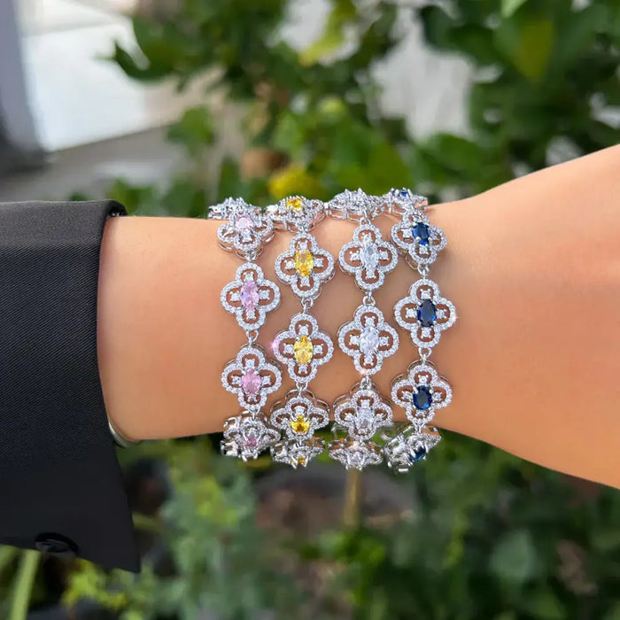 Four Leaf Flower Tennis Bracelets CWW Zircons Luxury Yellow Pink White Blue CZ Crystal  💎