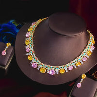 Gorgeous Yellow Pink Cubic Zirconia Green Enamel Luxury Jewelry Set 💎