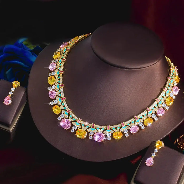 Gorgeous Yellow Pink Cubic Zirconia Green Enamel Luxury Jewelry Set 💎
