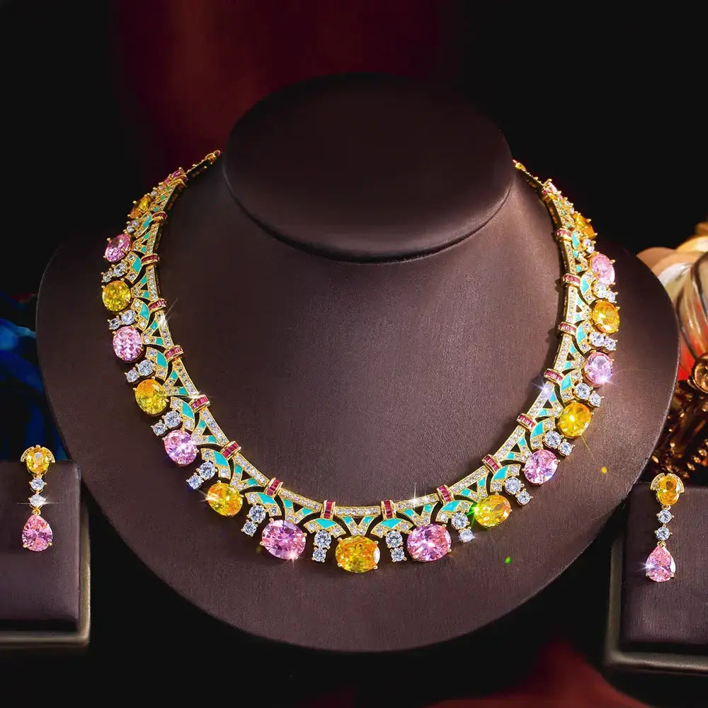 Gorgeous Yellow Pink Cubic Zirconia Green Enamel Luxury Jewelry Set 💎