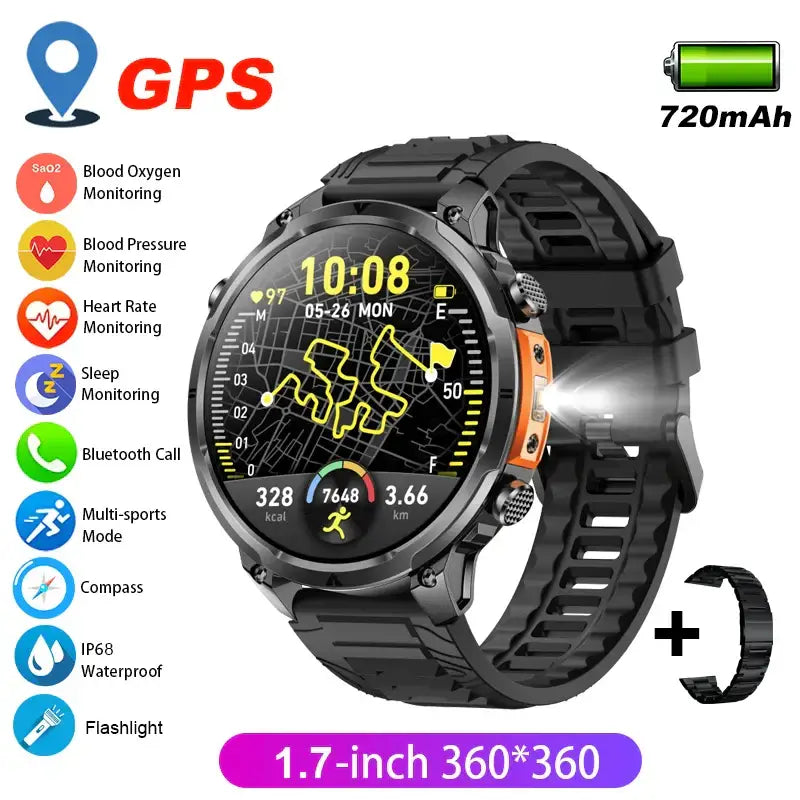GPS Smartwatch for Men 1.7 HD Screen Military Smart Watch Flashlight IP68 Waterproof ⌚️