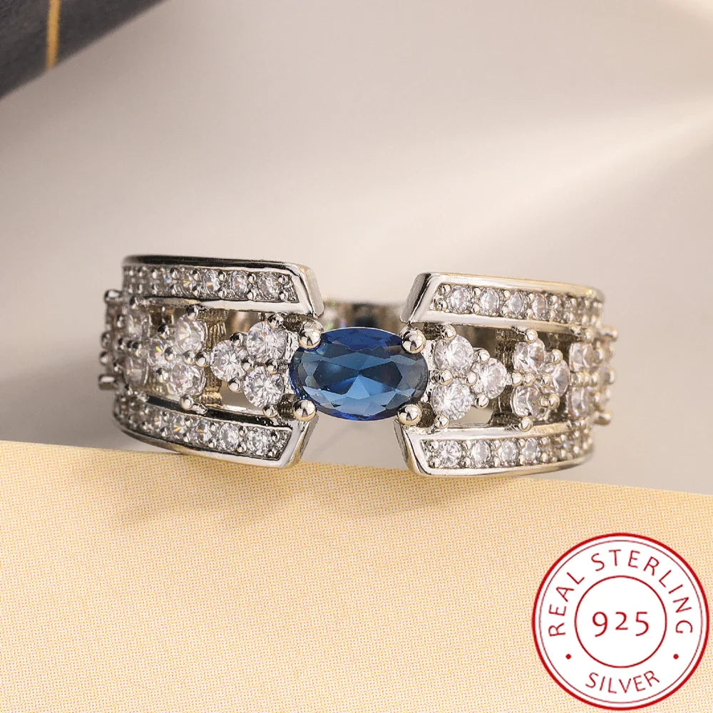 High Quality S925 Silver Ring  for Women Big Blue Stone Diamond Gemstone 💎