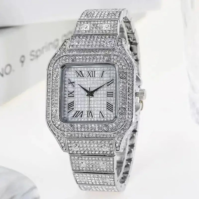 Ice Diamond Quartz Watch Luxury Roman Literal Square Wristwatch⏱️