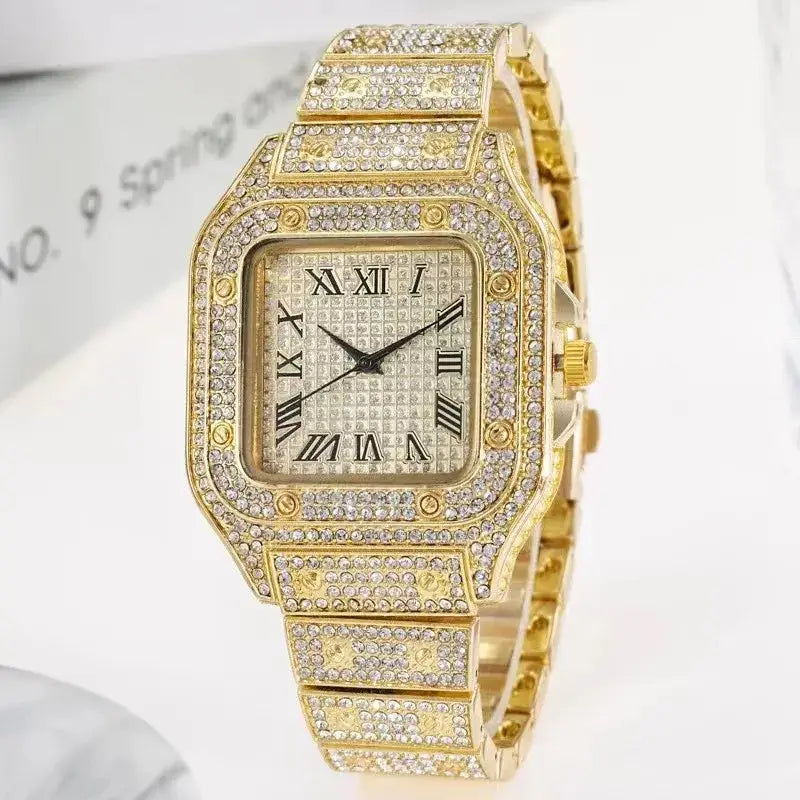 Ice Diamond Quartz Watch Luxury Roman Literal Square Wristwatch⏱️