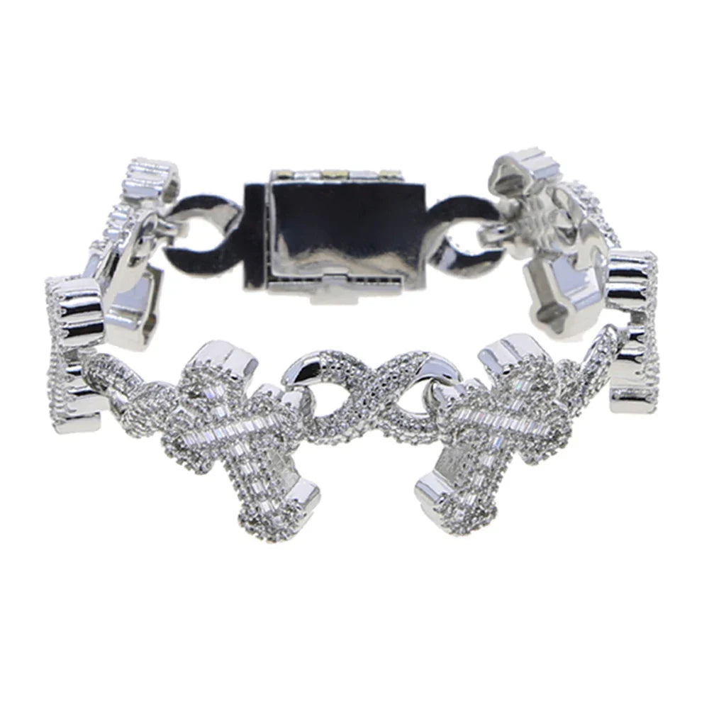 Iced Out Cross Infinity Charm Bracelet Micro Paved Cubic Zirconia Cuban Chain✨