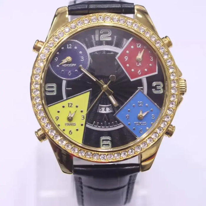 J&C five time zone belt gold quartz watch ⌚️