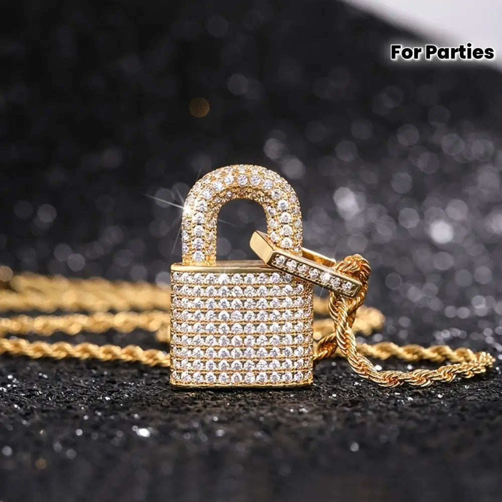 Luxurious Full-Paved Zirconia Pendant Lock Necklace ✨ - Golden - accessories