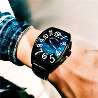 Luxurious Men's Mechanical Watch, Barrel-Shaped Skeleton Leather Strap