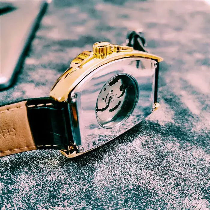 Luxurious Men's Mechanical Watch, Barrel-Shaped Skeleton Leather Strap