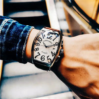 Luxurious Men's Mechanical Watch, Barrel-Shaped Skeleton Leather Strap
