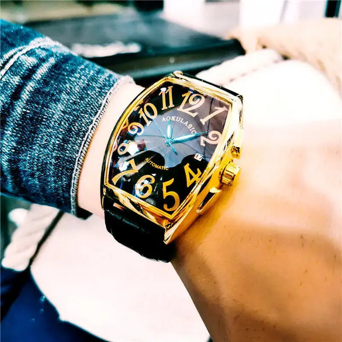 Luxurious Men's Mechanical Watch, Barrel-Shaped Skeleton Leather Strap