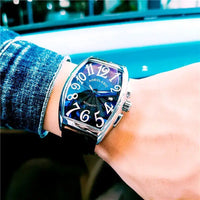 Luxurious Men's Mechanical Watch, Barrel-Shaped Skeleton Leather Strap
