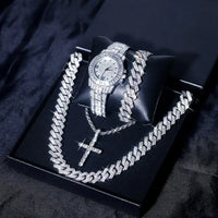 Luxury 4-Piece Silver Ice Flash Set – Cross Pendant Necklace, Cuban Link Chain, Bracelet & Watch  💎