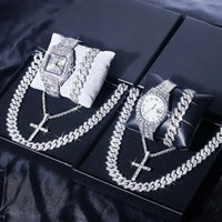 Luxury 4-Piece Silver Ice Flash Set – Cross Pendant Necklace, Cuban Link Chain, Bracelet & Watch  💎